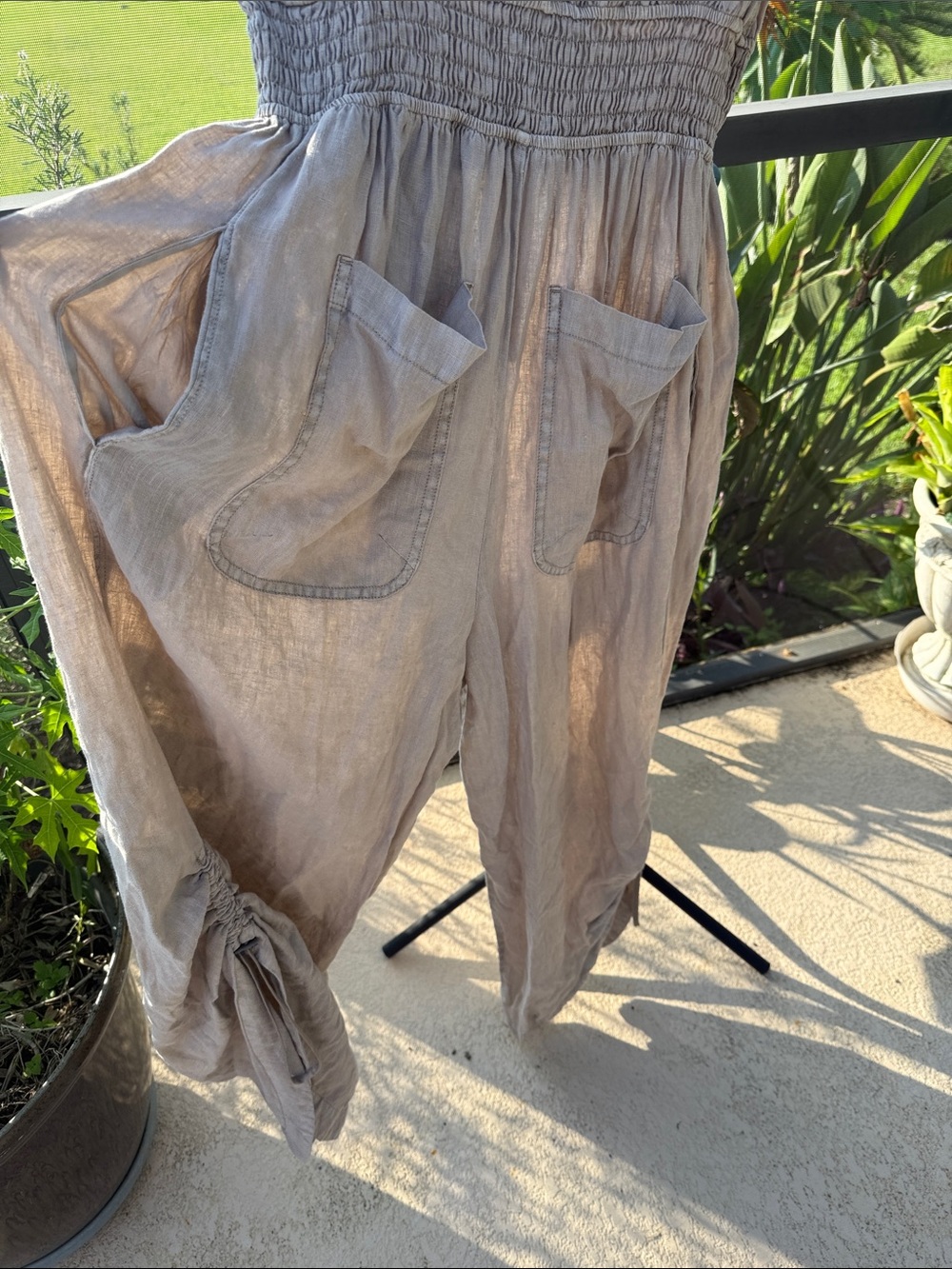 Anthropologie linen Taupe Button-Front Sleeveless Jumpsuit ST - Picture 7 of 11